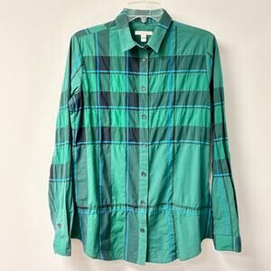 Burberry Brit Cotton Blend Plaid Long Sleeve Button-Up Shirt Green Women's S / P